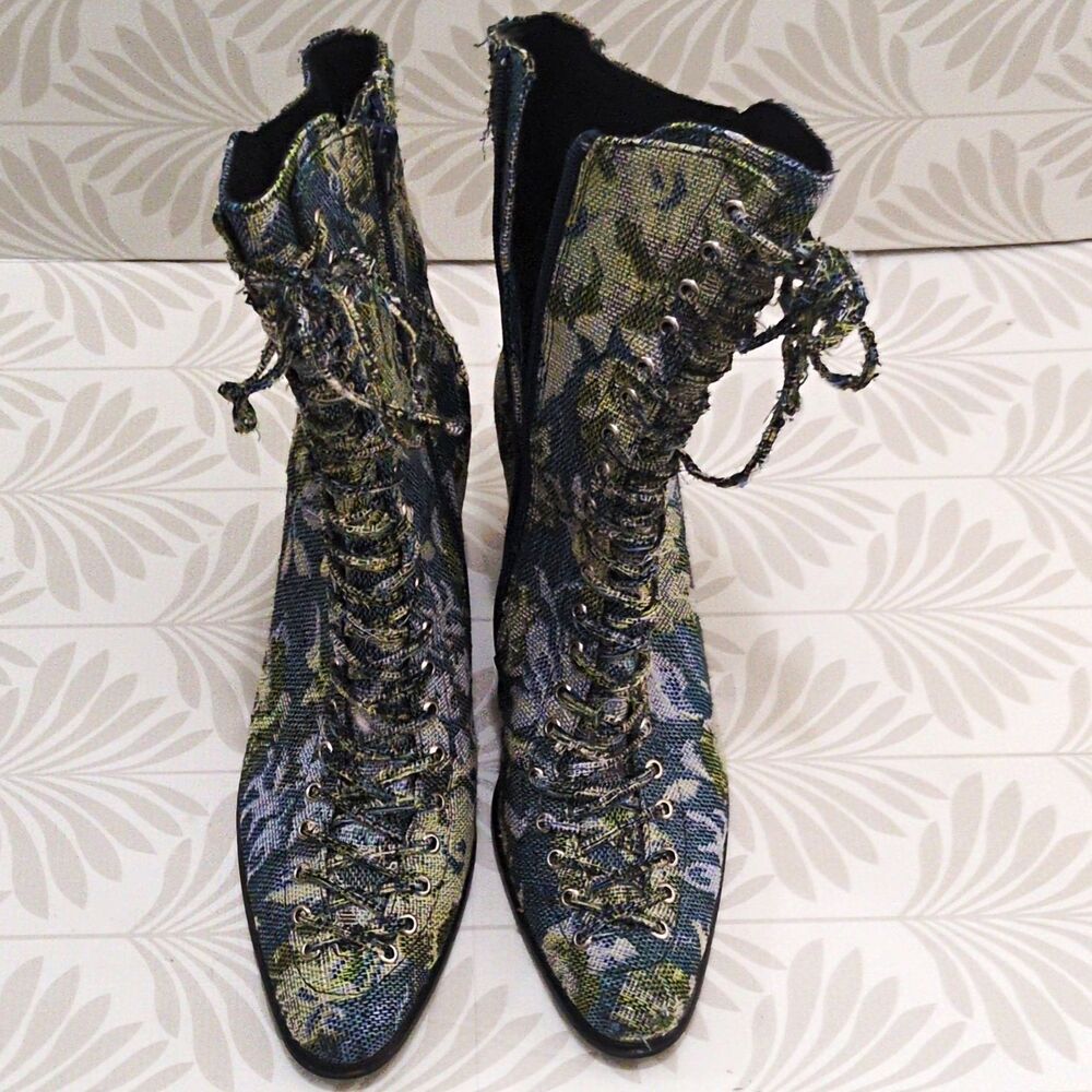 Jeffrey Campbell Women’s Floral Canvas Lace-Up Ankle Bootie Side Zip US 7